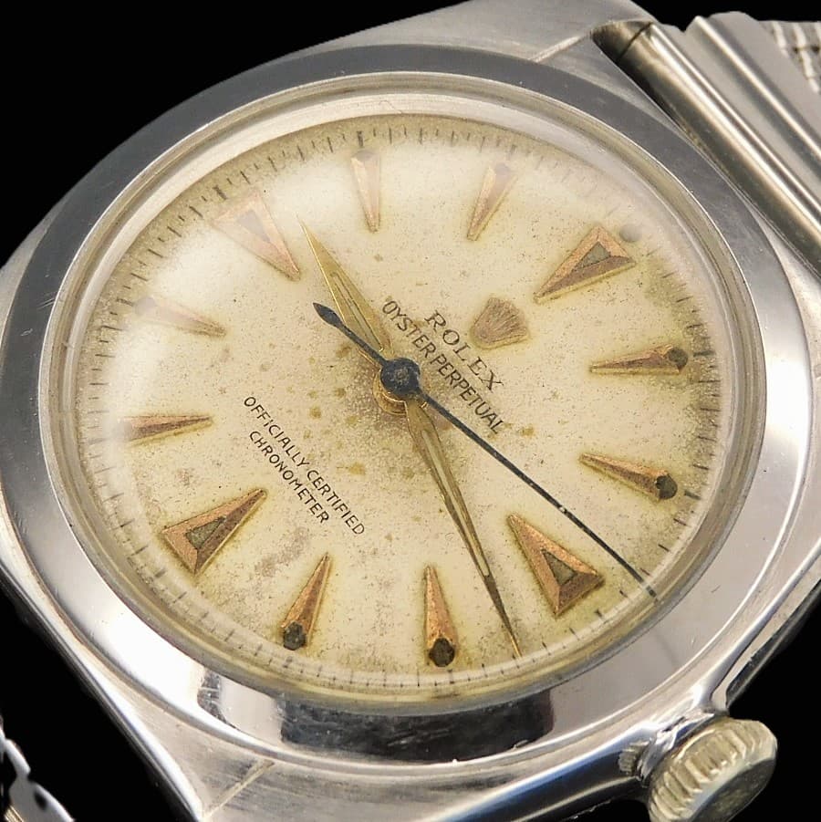 ROLEX PERPETUAL ainless steel Smooth Bezel "BUBBLE BACK" Original Gold flame Rolex Emb