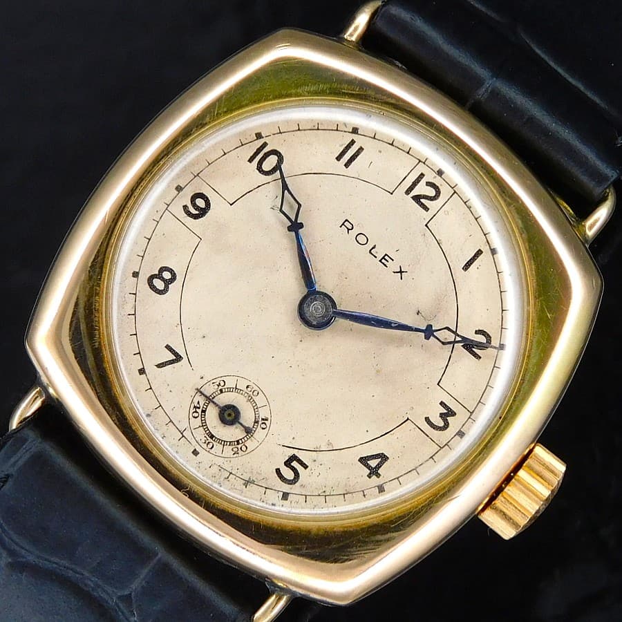 ROLEX VINTAGE MODEL 1936's glasgow import HUNTER TRENCH CUSHION 14K SOLID GOLD
