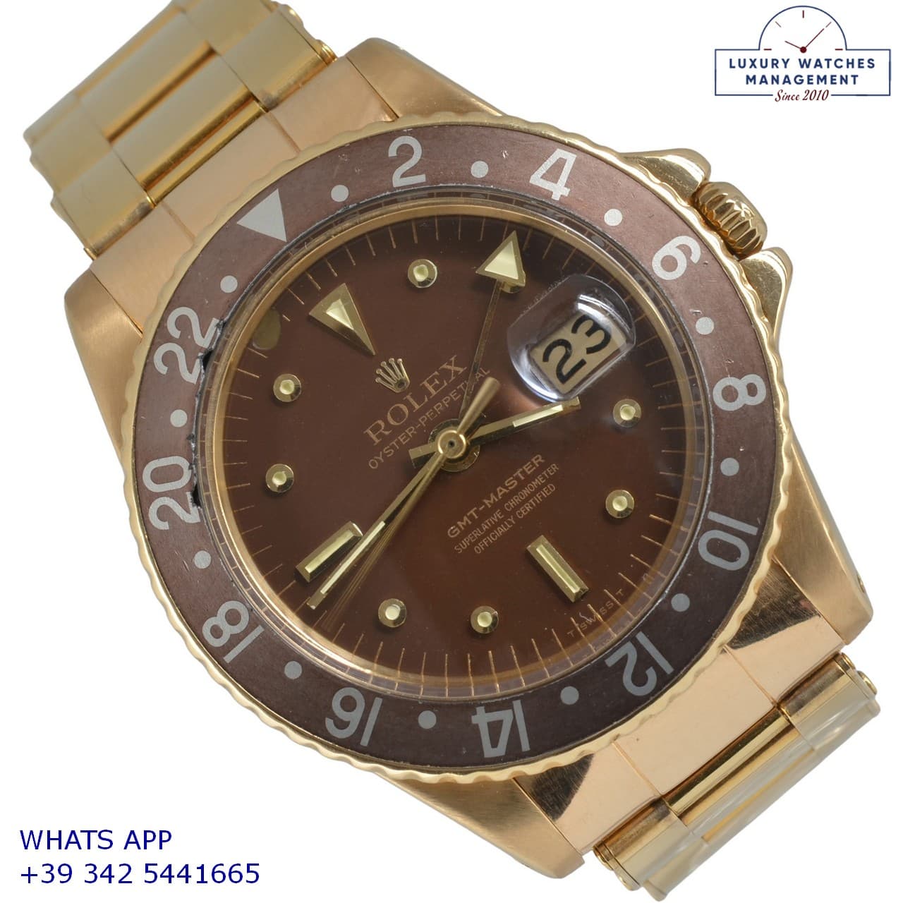 ROLEX GMT-MASTER GMT Master 1675 Concorde Chocolate Enamel dial yellow gold 18KT 1968